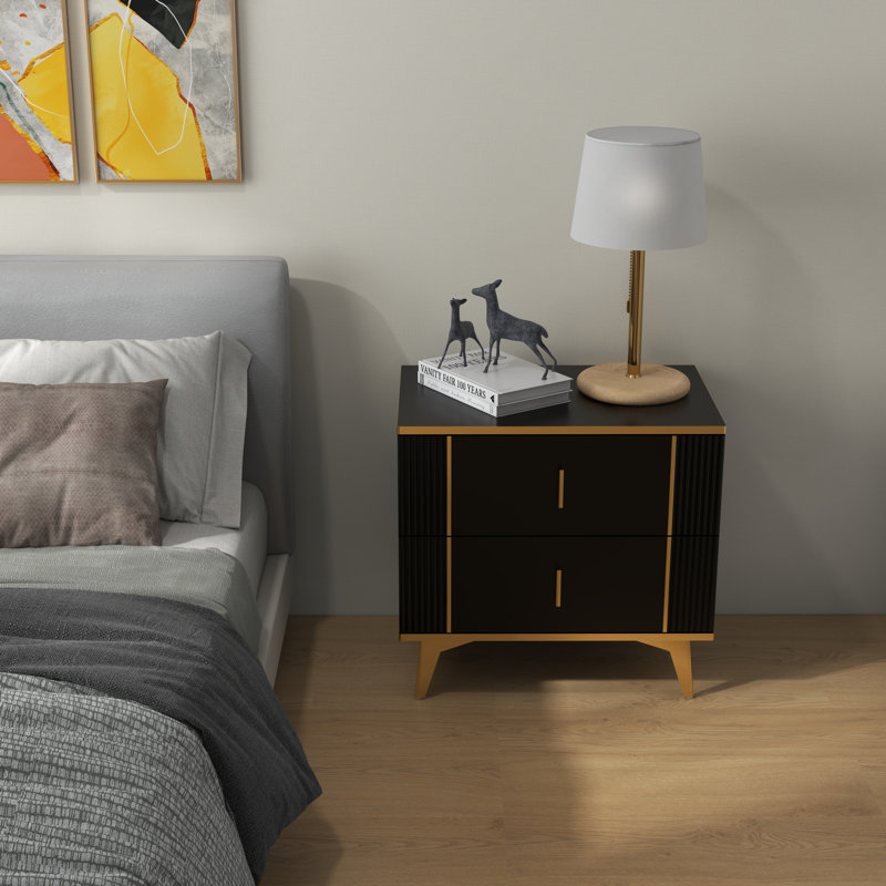 Mercer41 Polixeni 24"W Two Drawer Black Bedside Table, Two Drawer